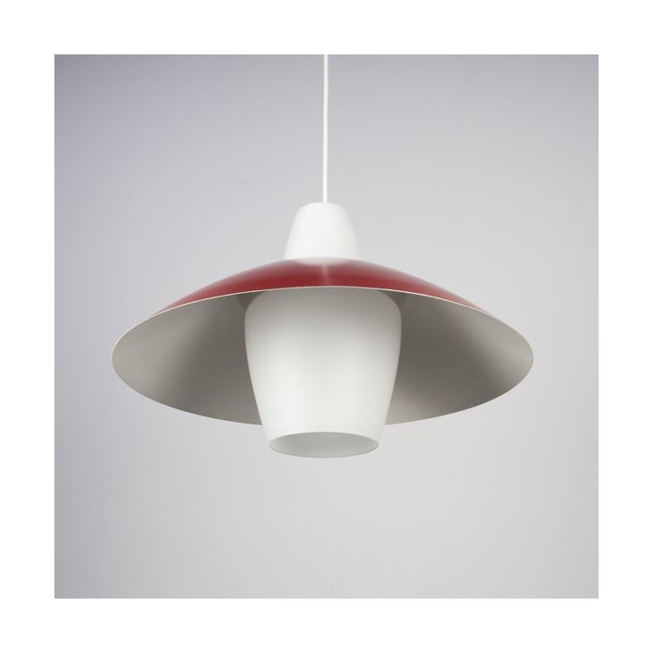 Glazen hanglamp met rood metalen kap - Retro Studio