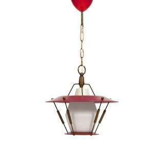 Rode hanglamp met teakhouten details - Retro Studio