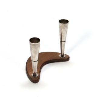 Silver candle holder on teak base - Retro Studio