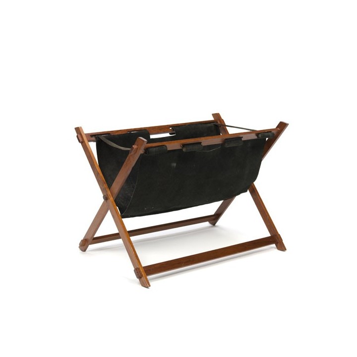 Teak newspaper rack with black leather - Retro Studio