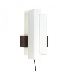 White plexiglass wall lamp with wooden back