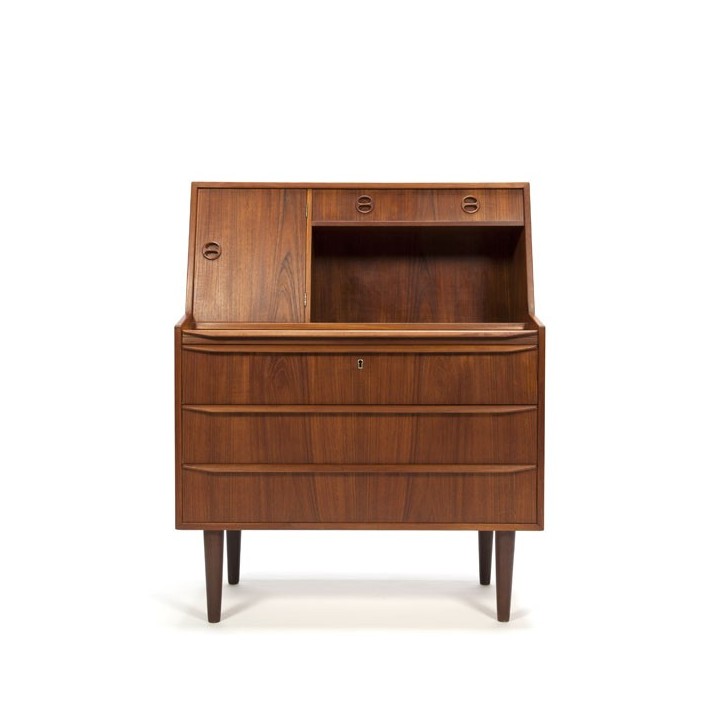 Deense Secretaire in teak met kleine spiegel - Retro Studio