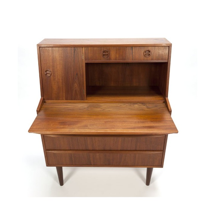 Deense Secretaire in teak met kleine spiegel - Retro Studio