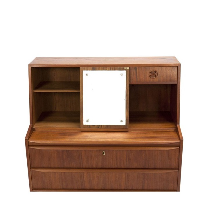 Deense Secretaire in teak met kleine spiegel - Retro Studio
