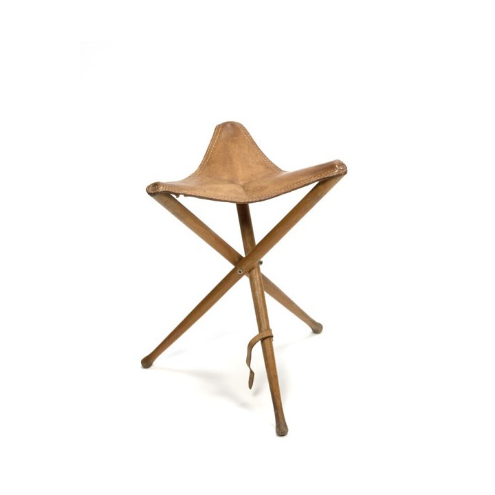 3-Legged folding stool with saddle leather - Retro Studio