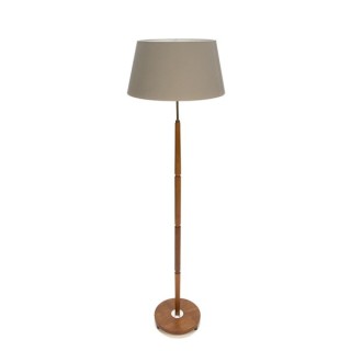 Deense teakhouten vloerlamp met grijze kap - Retro Studio
