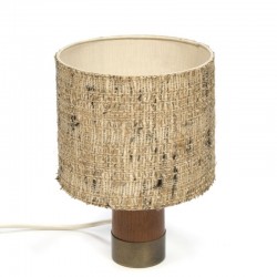 Small table lamp with teak base and fabric shade