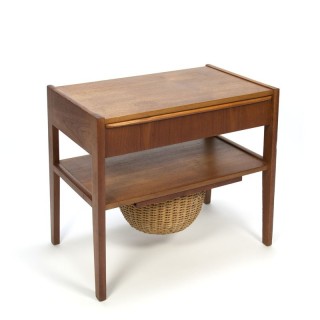 Danish teak side table with wicker basket