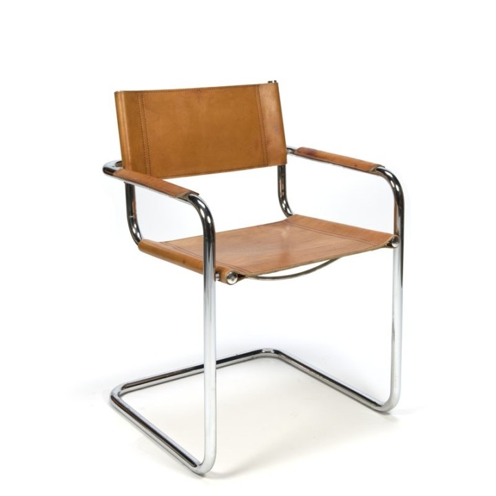 Vintage set van 4 slede stoelen met cognac tuigleer