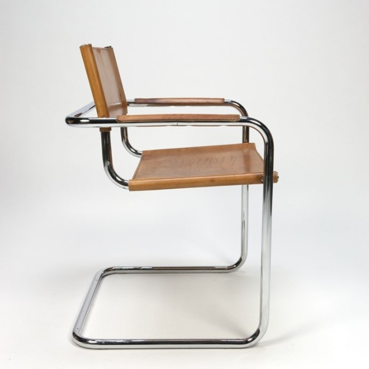 Vintage set van 4 slede stoelen met cognac tuigleer