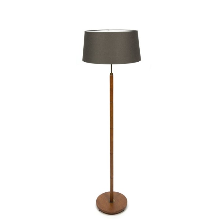 Teakhouten vintage vloerlamp met stoffen kap