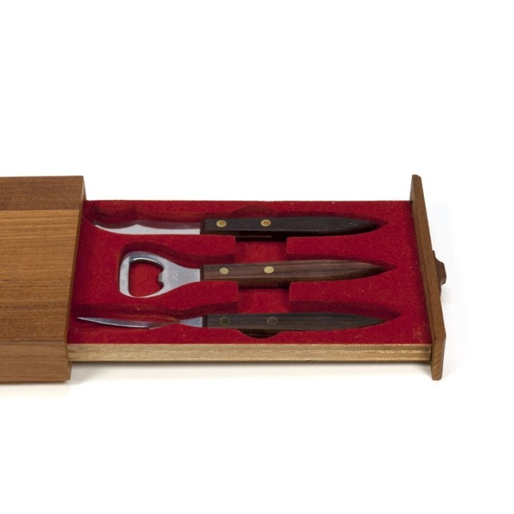 Vintage teakhouten doosje met tegel en opener