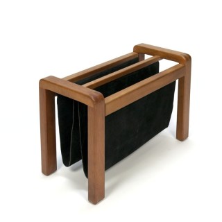 Vintage Danish wooden newspaper rack with suede