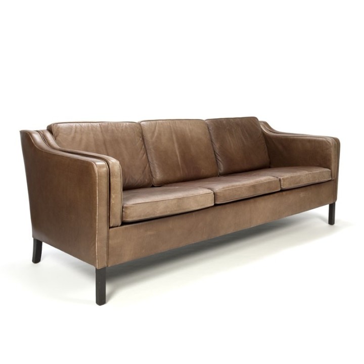 Bruin leren Deense vintage design driezitsbank
