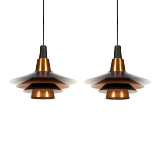 Vintage set Scandinavische hanglampen messing en zwart metaal