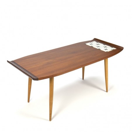 Teak vintage coffee table with small tile tableau