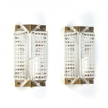 Set of 2 vintage glass wall lights with brass detail