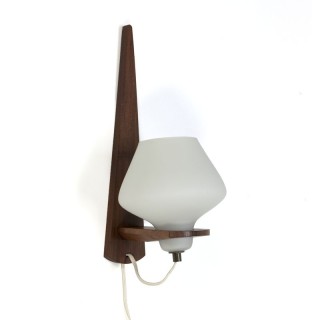 Vintage milk glass wall lamp with teak