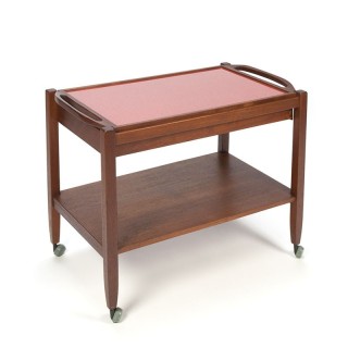 Vintage Danish serving trolley with red formica leaf