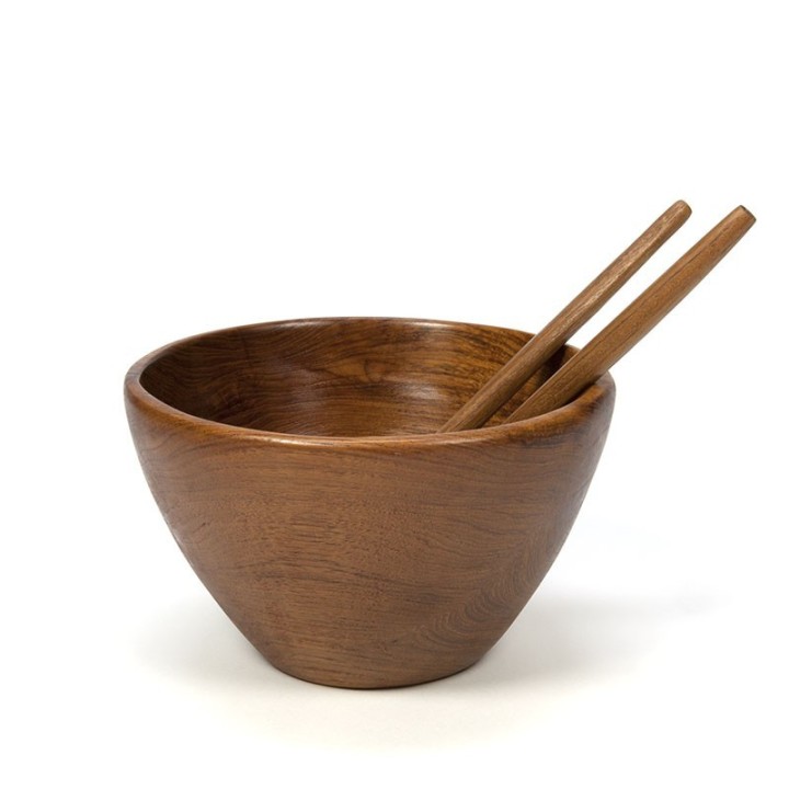 Deense vintage saladeschaal met couvert in teak