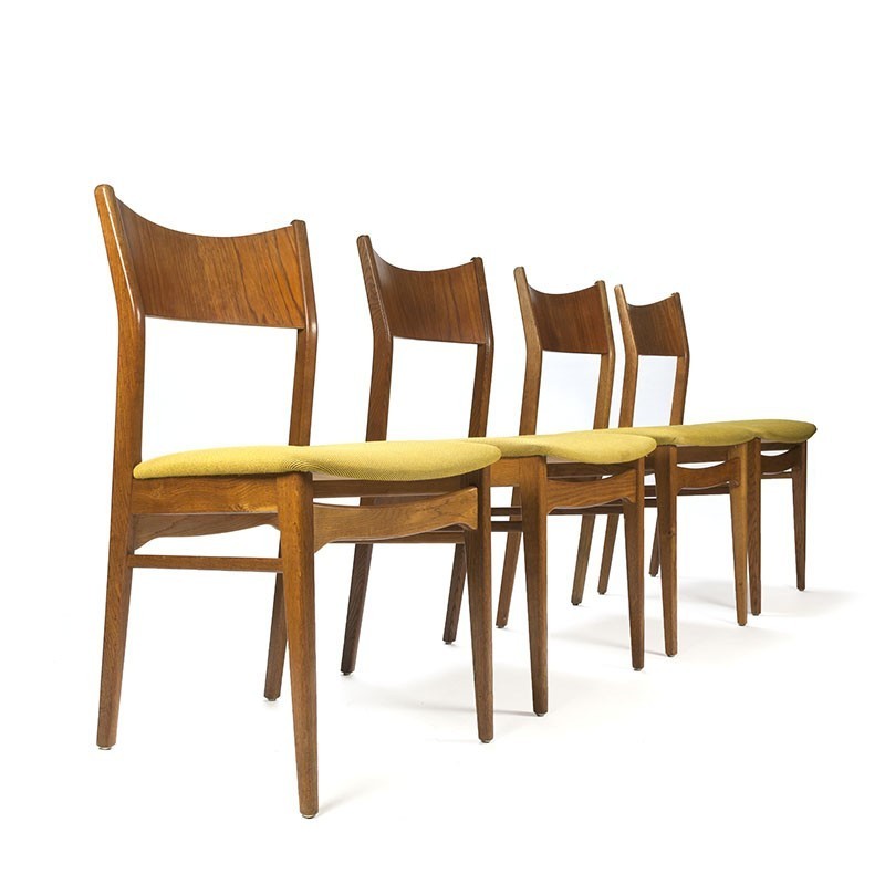 Salie Theseus journalist Deense vintage set van 4 teakhouten eettafel stoelen -