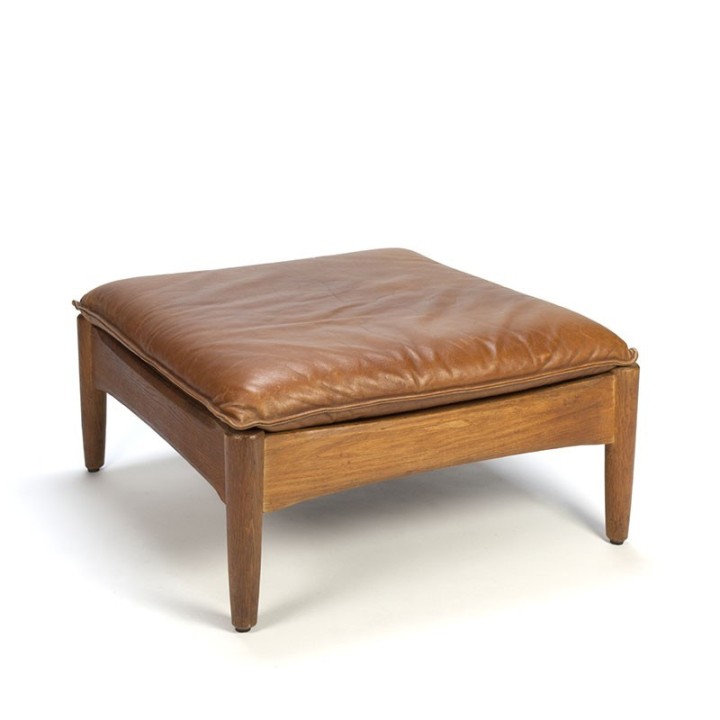 Vintage ottoman or pouf cognac leather with oak