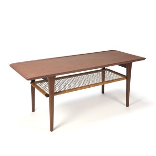 Teakhouten vintage Deense salontafel met rieten detail