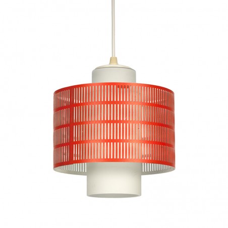 Vintage milk glass hanging lamp with perforated metal