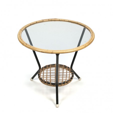 Vintage round wicker table with glass top