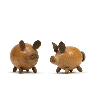 Vintage pepper and salt set of wooden pigs