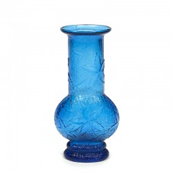 Vintage blauw glazen vaas met bladeren design