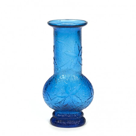 Vintage blauw glazen vaas met bladeren design