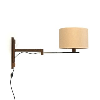 Vintage uitschuifbare wengé wandlamp met canvas kap