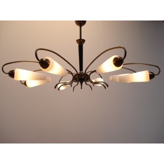 Grote 50's hanglamp met glazen kapjes - Retro Studio