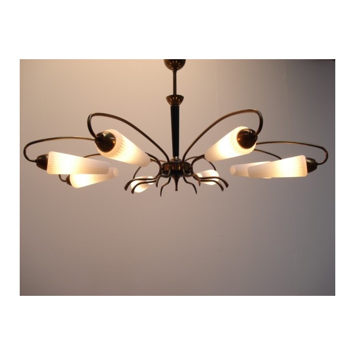 Grote 50's hanglamp met glazen kapjes - Retro Studio