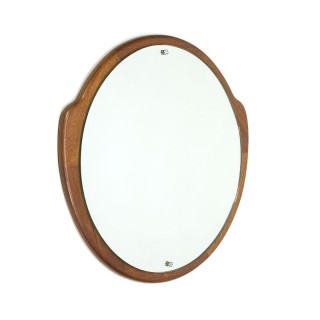 Vintage rond model spiegel met teakhouten rand