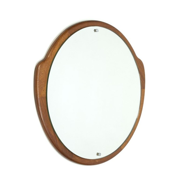 Vintage rond model spiegel met teakhouten rand