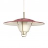Vintage design hanging lamp red metal shade with brass and glass