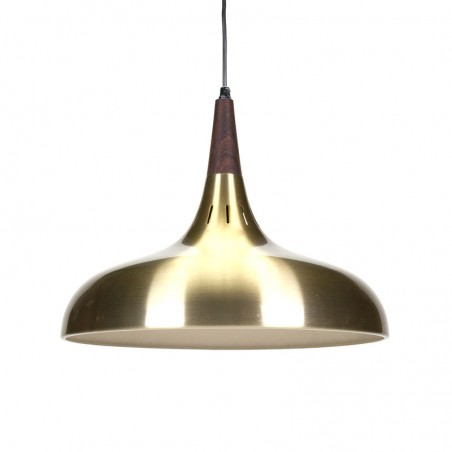 Deense messing kleurige vintage hanglamp met teak detail