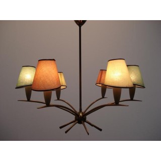 Jaren 50 hanglamp met gekleurde kapjes