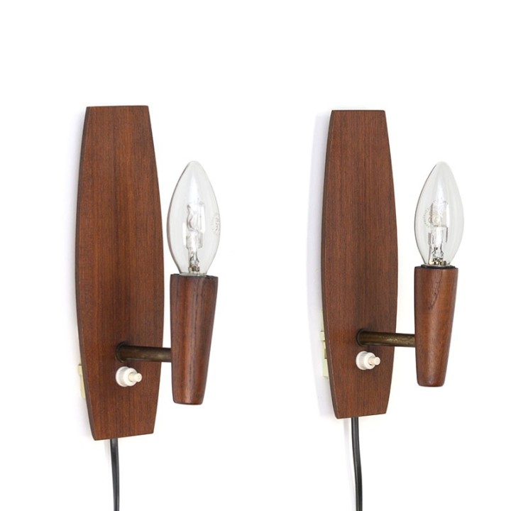Set of 2 vintage teak wall lamps