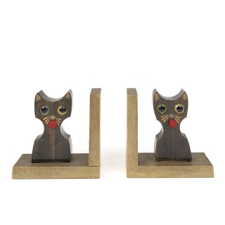 Set vintage houten boekensteunen kat