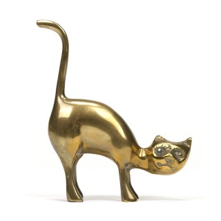Vintage messing sculptuur van een kat met hoge staart