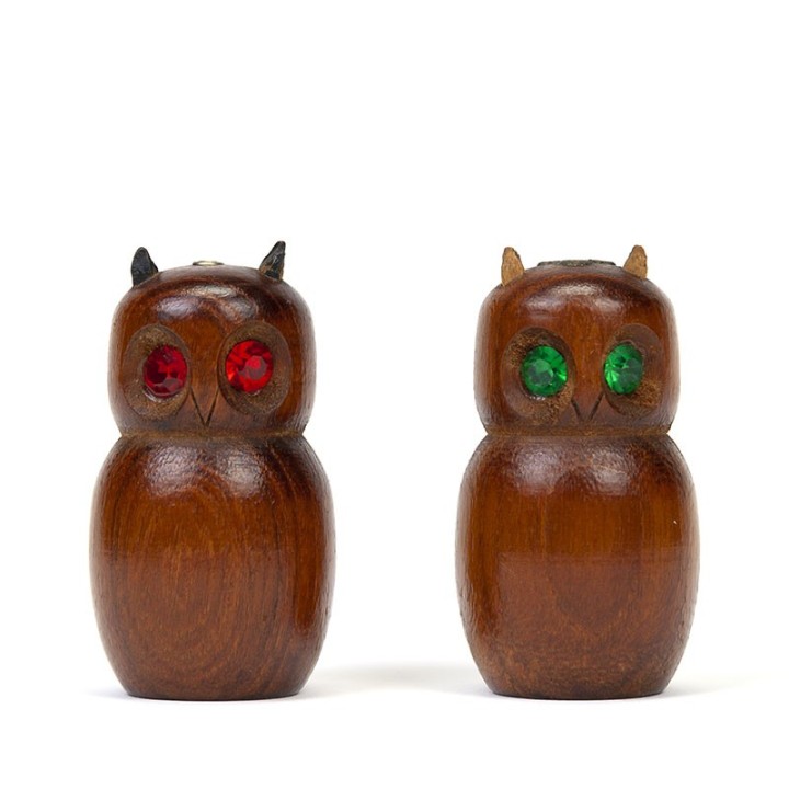 Teakhouten vintage peper en zoutstel Uil