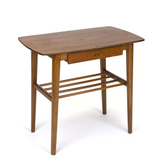 Vintage bijzettafel met teakhouten blad en kleine lade
