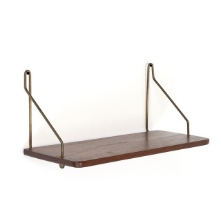 Klein Deens vintage teakhouten wandplankje met messing beugels