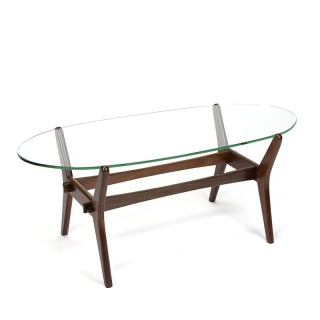 Vintage oval model coffee table with teak frame and glass top