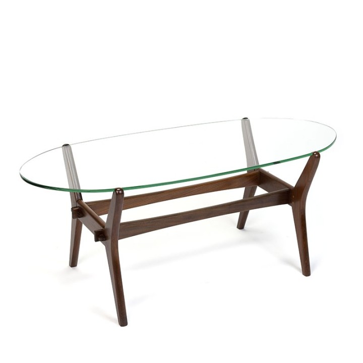Vintage oval model coffee table with teak frame and glass top