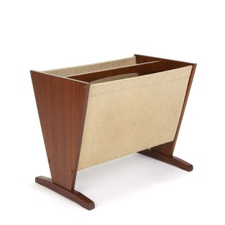 Vintage Danish magazine rack in teak and jute