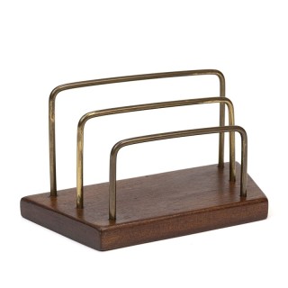 Vintage letter holder with teak base and brass brackets